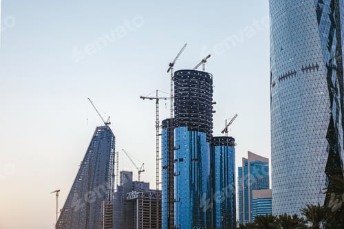 Preview: Modern construction site works in center of Doha. Fast urban development concept