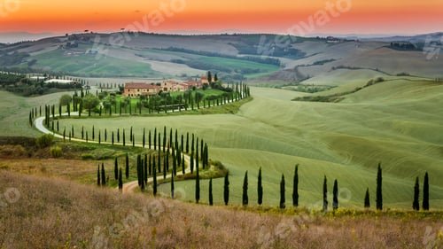 Preview: Sunset and winding road with cypresses in Tuscany