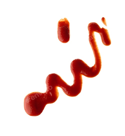 Preview: Spilled red tomato sauce on white isolated background, ketchup