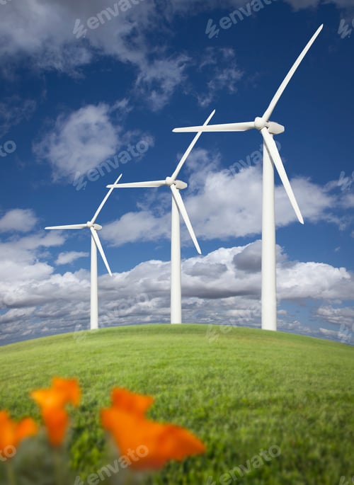 Preview: Wind Turbines Against Dramatic Sky and California Poppies
