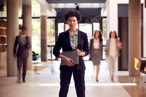 Preview: Portrait Of Businesswoman With Digital Tablet Standing In Lobby Of Busy Modern Office Building