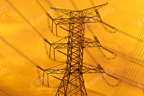 Preview: High voltage electric pole with power line electricity engineer distribution station in sunset.