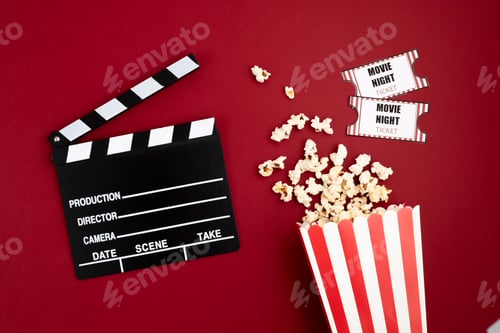Preview: Movie clapperboard and cinema tickets. Home movie night, party invitation