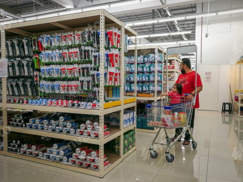 Preview: father and toddler girl shopping with trolley cart in a supermarket