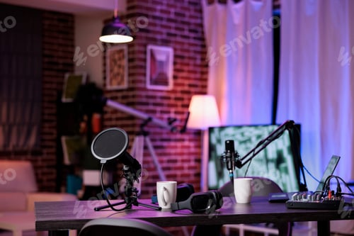 Preview: Nobody at empty desk with streaming equipment
