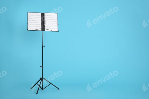 Preview: Note stand with music sheets on color background. Space for text