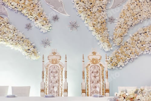Preview: luxury decorated tables with hydrangea and roses at rich wedding reception