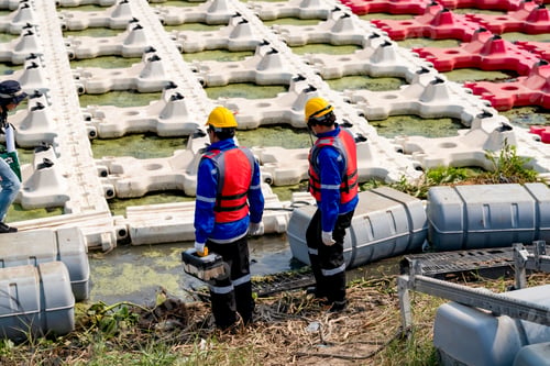 Preview: Renewable Energy Eco Technology Electric Power. Floating solar panels on lake.