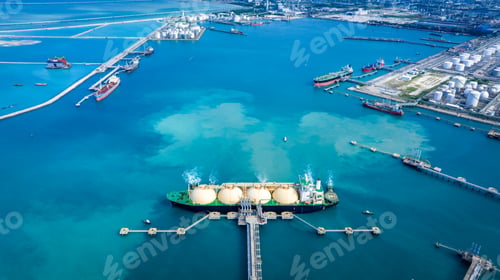 Preview: LNG (Liquefied natural gas) tanker anchored in Gas terminal gas tanks for storage. Oil Crude