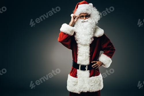 Preview: smiling santa claus in costume adjusting eyeglasses isolated on grey background