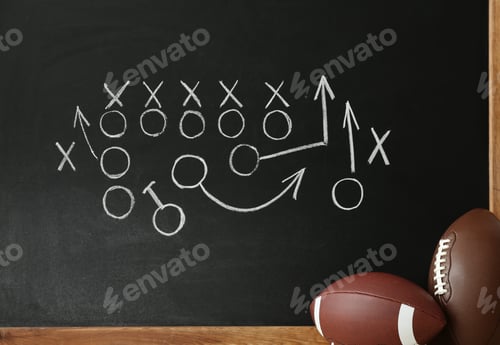 Preview: Rugby balls near chalkboard with football game scheme