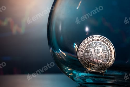 Preview: Close-up of a silver Bitcoin on a blue reflective surface in a glass and the histogram of currency