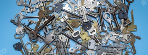 Preview: Keys set on blue background. Door lock keys and safes for property security and house protection