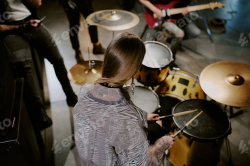 Preview: Unrecognizable Girl Playing Drums In Music Band