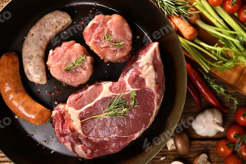 Preview: Raw steak meat beef and sausages