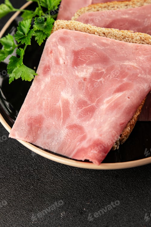 Preview: Ham slices meat spam pork fresh delicious gourmet food background