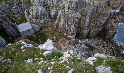 Preview: Aerial shot of st govan's chapel (tiny church) built on the cliff
