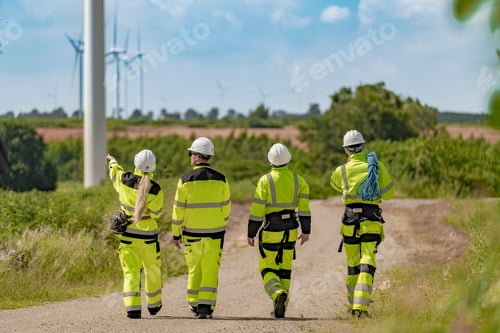 Preview: engineers in safety gear work on a wind farm