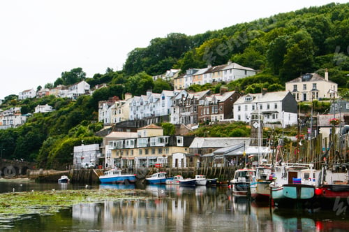 Preview: Sailing boats on the water and the houses on a tree-covered hill captured in Polperro Beach, UK