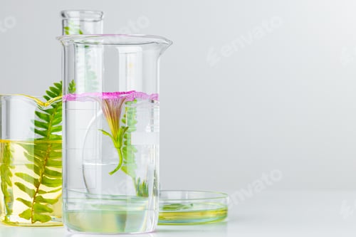 Preview: Plants in laboratory glassware. Skincare products and drugs chemical researches concept