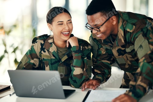 Preview: Laptop, friends and an army team laughing in an office on a military base camp together for trainin