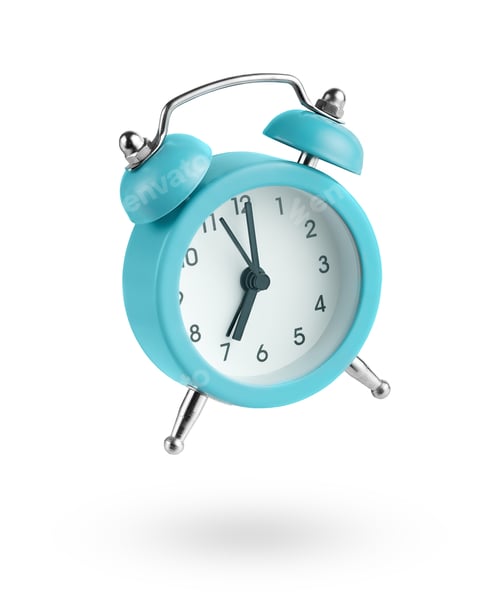 Preview: Isolated blue alarm clock flying over white background. Clipping path.