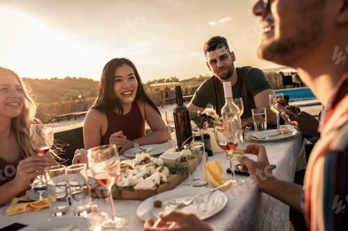 Preview: Diverse group of friends at reunion eating and drinking wine outdoor.