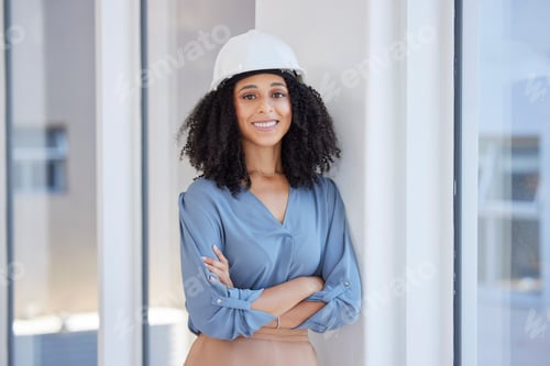 Preview: Woman architect, portrait and business construction industry leader with success in a office. Proud