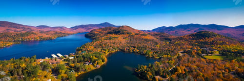 Preview: Aerial view of Lake Placid Mountains with Autumn Fall Colors in Adirondacks, New York, USA