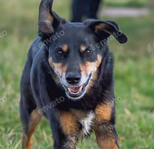 Preview: Adorable black and brown dog running joyfully through a lush green grassy field