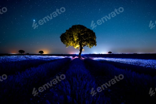Preview: Milky Way in a summer lavender field with illuminated flowers, Brihuega. Guadalajara