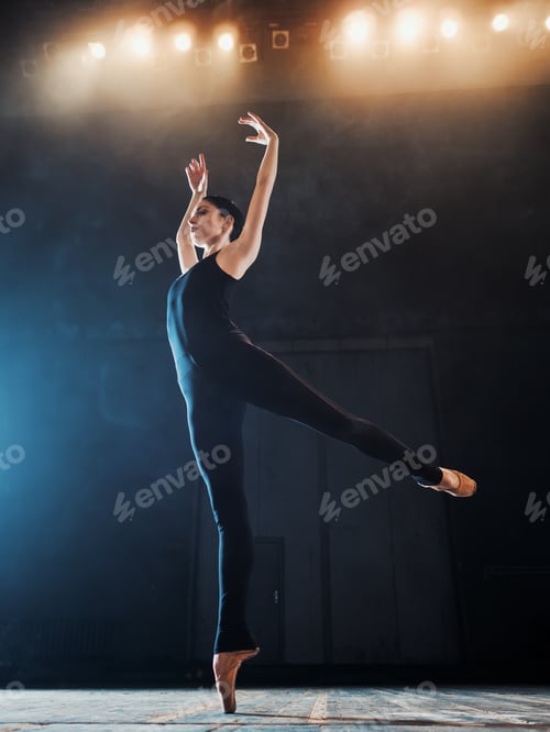 Preview: Young beautiful ballerina on smoke stage dancing modern ballet. performs smooth movements with hands