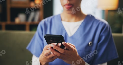 Preview: Healthcare, hands and nurse with smartphone for online, medical research and connection for treatme