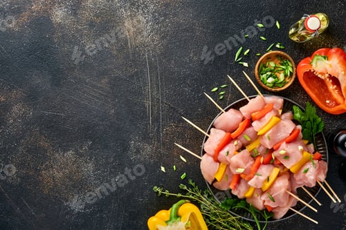 Preview: Raw shish kebab on wooden board, spices, herbs and vegetables on dark grey background. Barbecue Raw