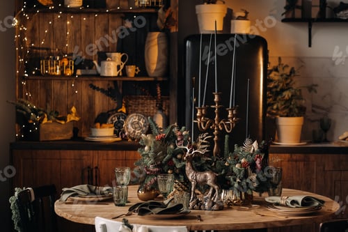 Preview: Christmas table decoration, Banquet table with glasses before serving food, Close-up of Christmas