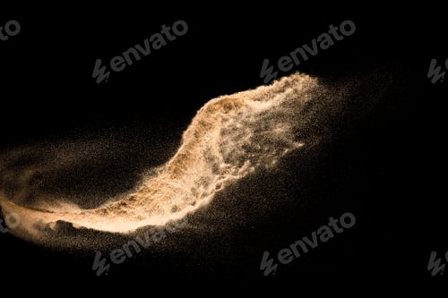 Preview: Dry river sand explosion. Brown color sand splash against black background.