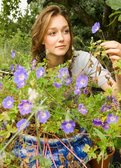 Preview: A female looking at a purple flower