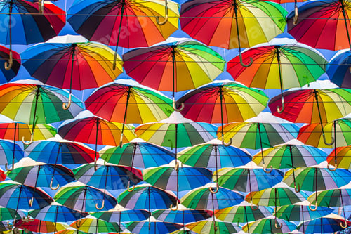 Preview: Colorful umbrellas Blue, green, red, rainbow umbrellas background