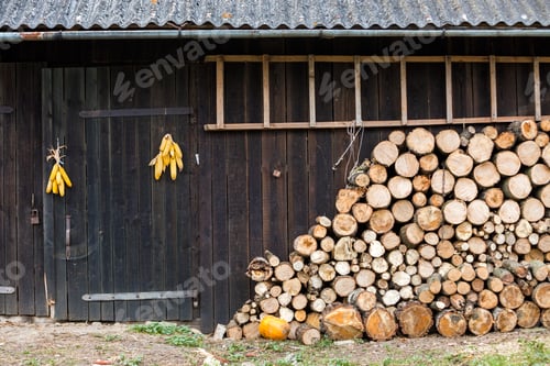 Preview: Neatly stacked big pile of chopped fire wood logs prepared for winter