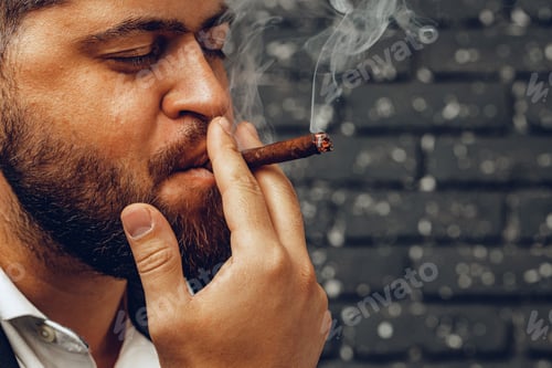 Preview: Bearded man smoking cigar against black brick wall