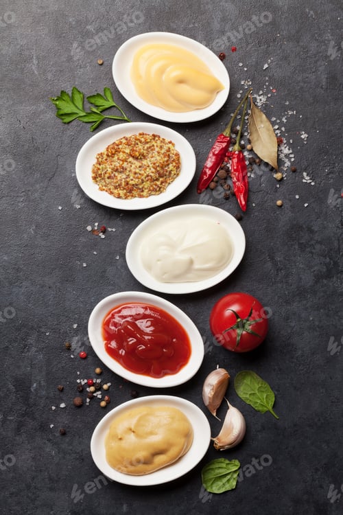 Preview: Set of various sauces. Popular sauces in bowls