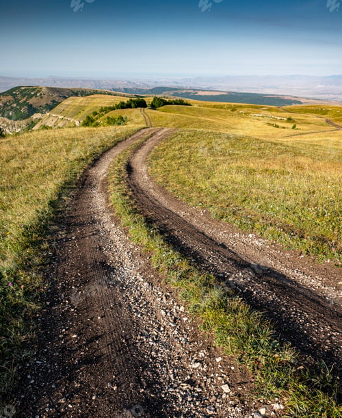 Preview: Landscape with a road in a field in the mountains with wildflowers and grass on a summer sunny day.
