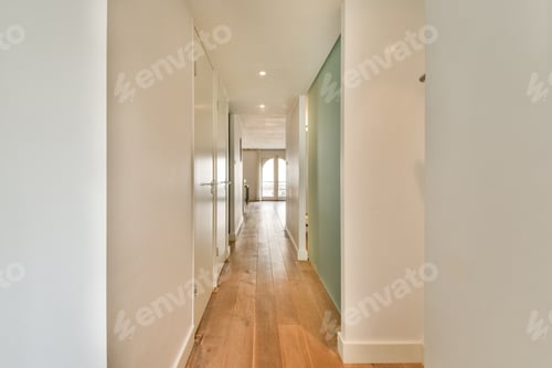 Preview: Doorway of modern apartment with white walls and parquet floor