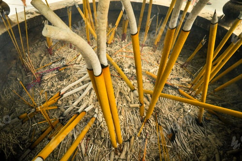 Preview: High angle shot of burnt Tibet incense sticks under the sunlight at daytime in Hong Kong