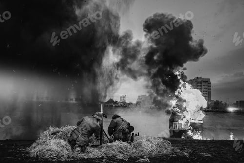 Preview: World War II German Soldiers Fired From A Mortar. Photo In Black