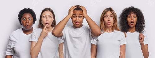 Preview: Collage image of shocked African man keeps hands on head being overwhelmed stands between four
