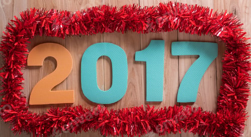 Preview: 2017 Text On Wood Vintage Board Decorate With Copy Space And Silver Star Ribbon Frame Decoration