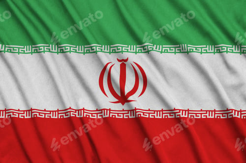 Preview: Iran flag is depicted on a sports cloth fabric with many folds. Sport team waving banner