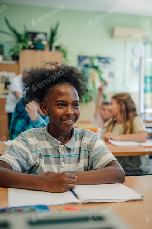 Preview: Smiling pupil sitting at desk listening to teacher in classroom