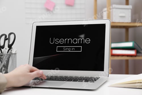Preview: Woman unlocking laptop with blocked screen indoors, closeup